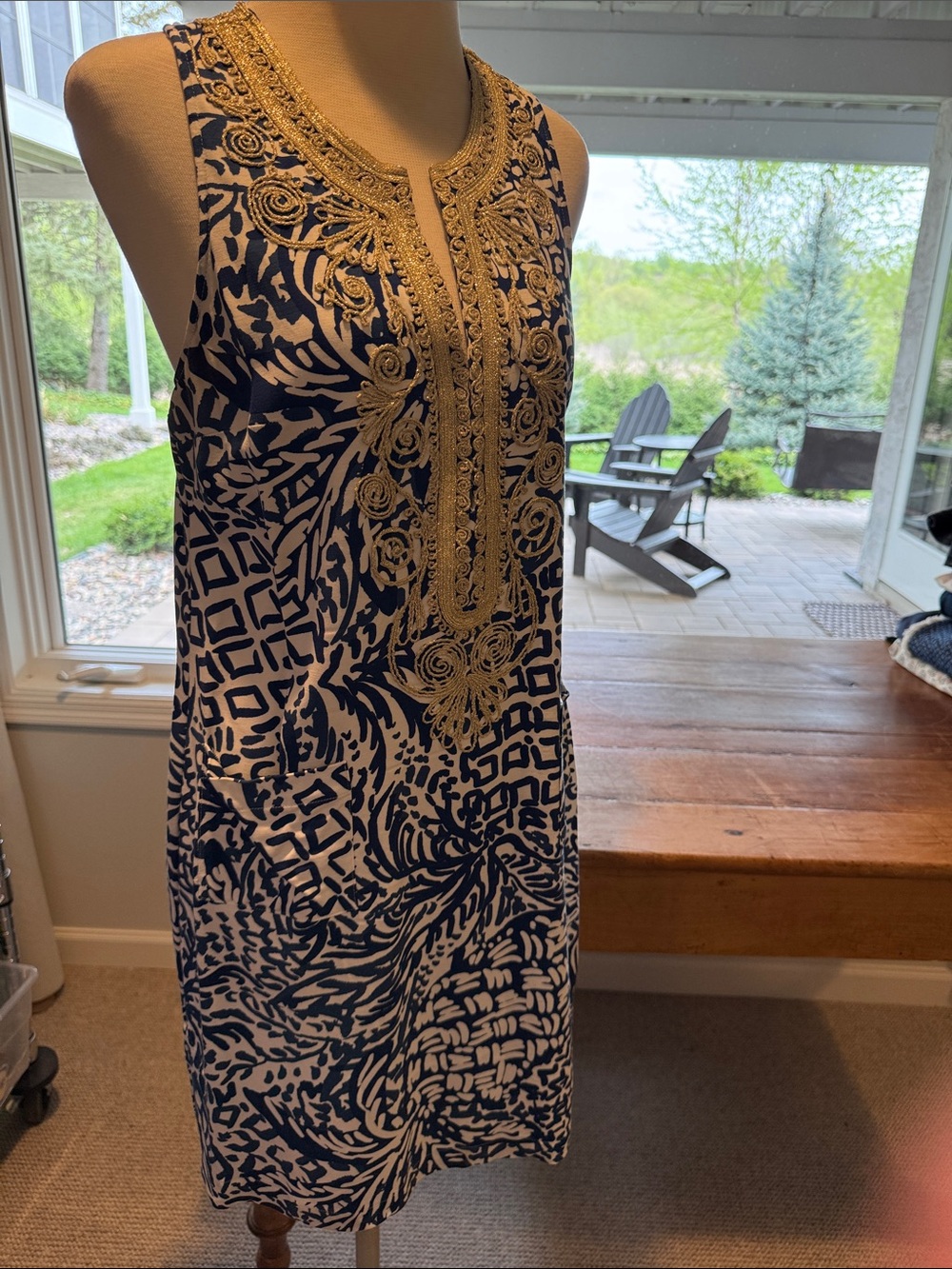 Lilly Pulitzer Navy and White Printed Mini Dress with Gold Trim